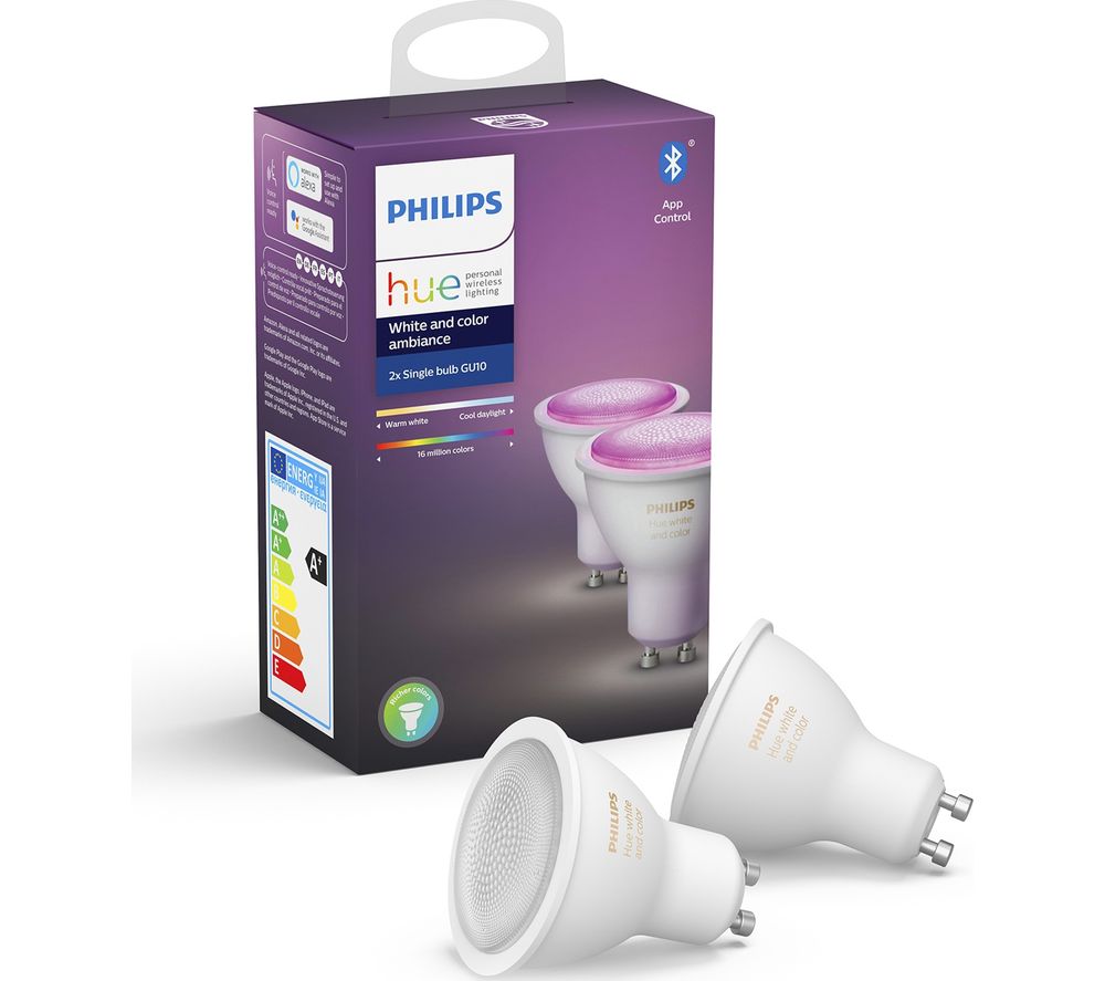 PHILIPS HUE Hue White & Colour Ambience Bluetooth LED Bulb - GU10, Twin Pack, White