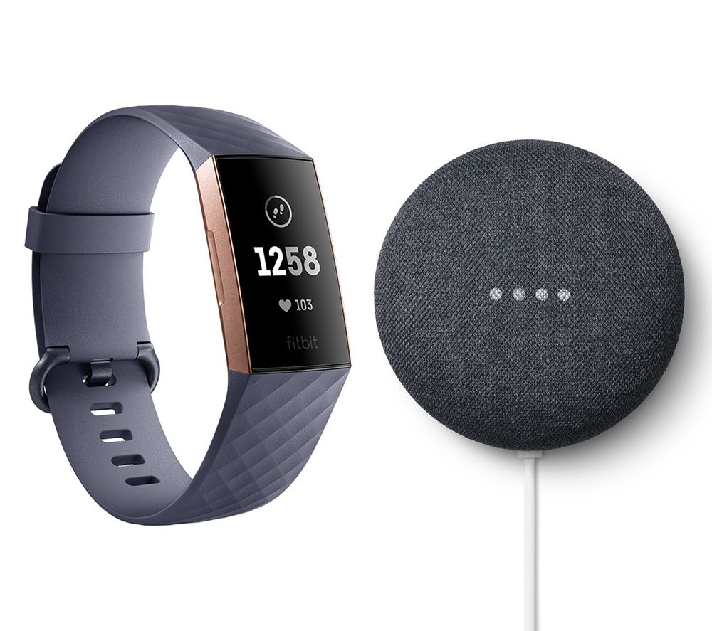 FITBIT Charge 3 Blue Grey and Rose Gold & Charcoal Google Nest Mini (2nd Gen) Bundle, Blue