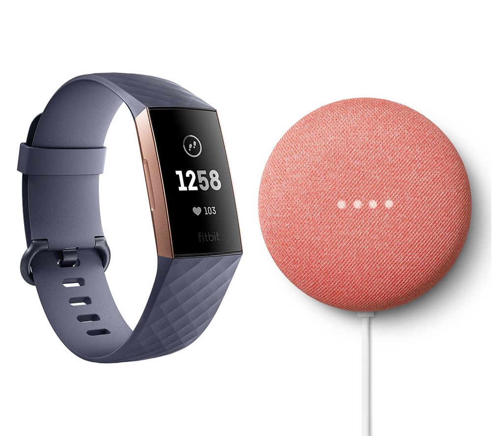 FITBIT Charge 3 & Coral Google Nest Mini (2nd Gen) Bundle - Blue Grey and Rose Gold, Coral