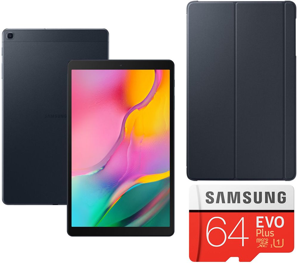 SAMSUNG Galaxy Tab A 10.1" Tablet (2019), Evo Plus 64 GB microSD Memory Card & Book Cover Bundle - 32 GB, Black, Black
