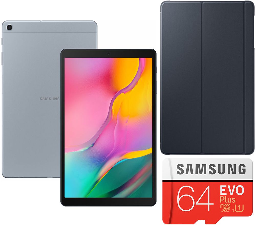 SAMSUNG Galaxy Tab A 10.1" Tablet (2019), Evo Plus 64 GB microSD Memory Card & Book Cover Bundle - 32 GB, Silver, Silver