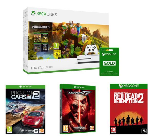 MICROSOFT Xbox One S, Minecraft, Red Dead Redemption 2, Tekken 7, Project Cars 2 & LIVE Gold Bundle, Red