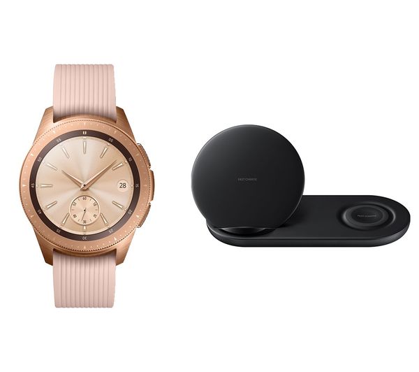 SAMSUNG 42 mm Galaxy Watch (Rose Gold) & Duo Qi Wireless Charging Pad Bundle, Gold