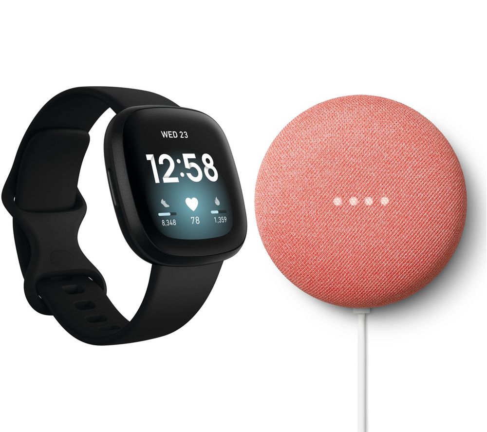 Fitbit Versa 3 & Nest Mini (2nd Gen) Bundle  Black & Coral