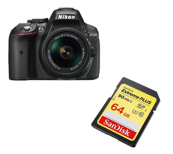 NIKON D5300 DSLR Camera, 18-55 mm f/3.5-5.6 Lens & 64 GB Memory Card Bundle
