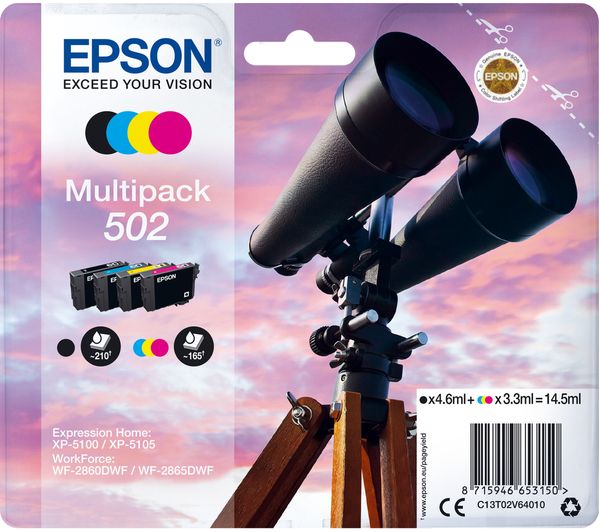 EPSON Binoculars 502 Cyan, Magenta, Yellow & Black Ink Cartridges - Multipack, Black,Yellow,Cyan,Magenta