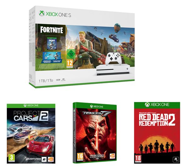 MICROSOFT Xbox One S, Fortnite Battle Royale, Red Dead Redemption 2, Tekken 7 & Project Cars 2 Bundle, Red