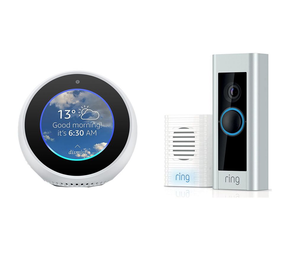 RING Video Doorbell Pro, Chime & Google Echo Spot Bundle - White, White