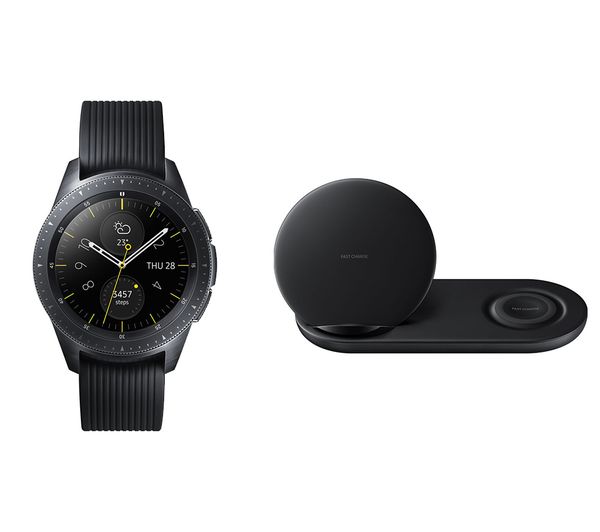 SAMSUNG 42 mm Galaxy Watch (Midnight Black) & Duo Qi Wireless Charging Pad Bundle, Black