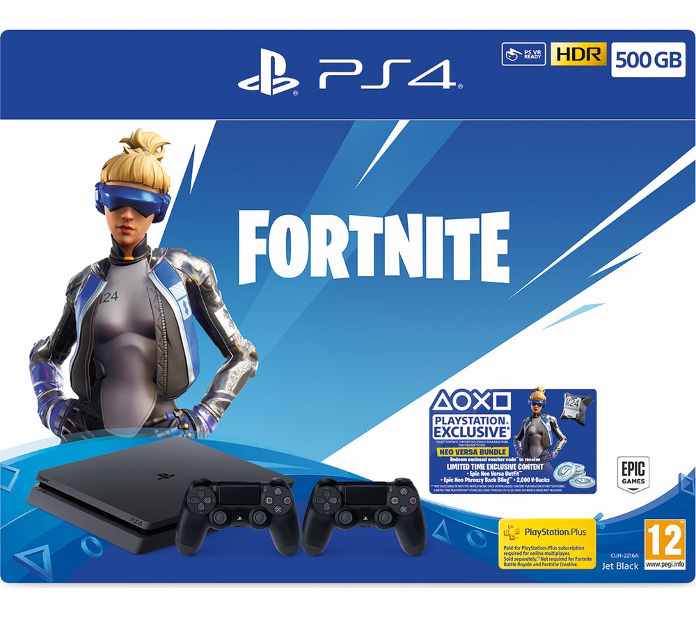 PlayStation 4 with Fortnite Neo Versa & Two Wireless Controllers - 500 GB, Black