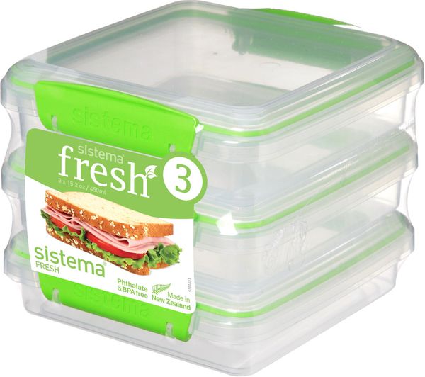 SISTEMA Fresh Square 0.45 litre Sandwich Boxes - Green, Pack of 3, Green