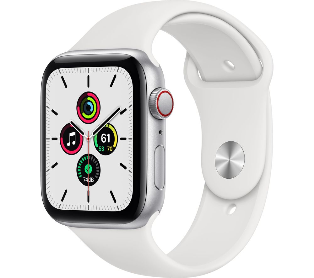 APPLE Watch SE Cellular - Silver Aluminium with White Sports Band, 44 mm, Silver