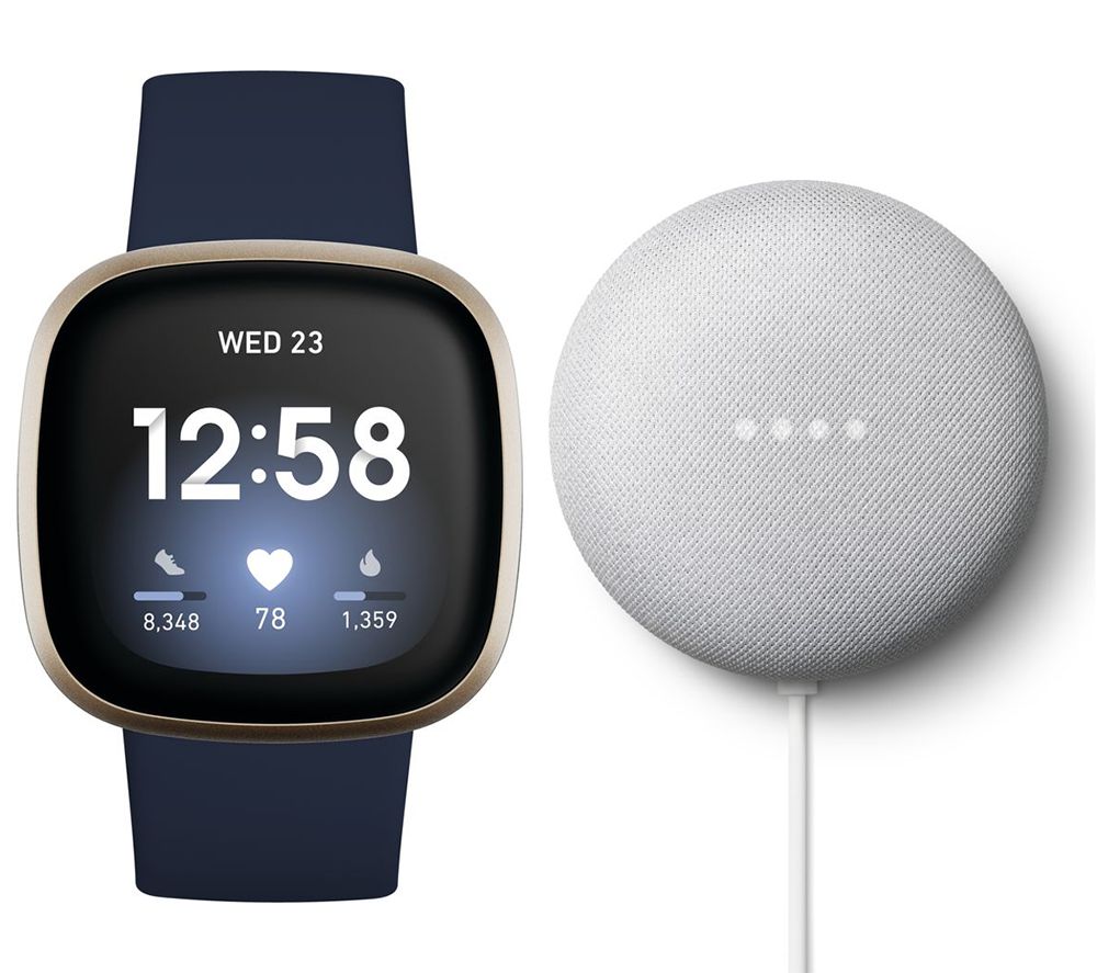 Fitbit Versa 3 & Nest Mini (2nd Gen) Bundle - Midnight & Soft Gold & Chalk