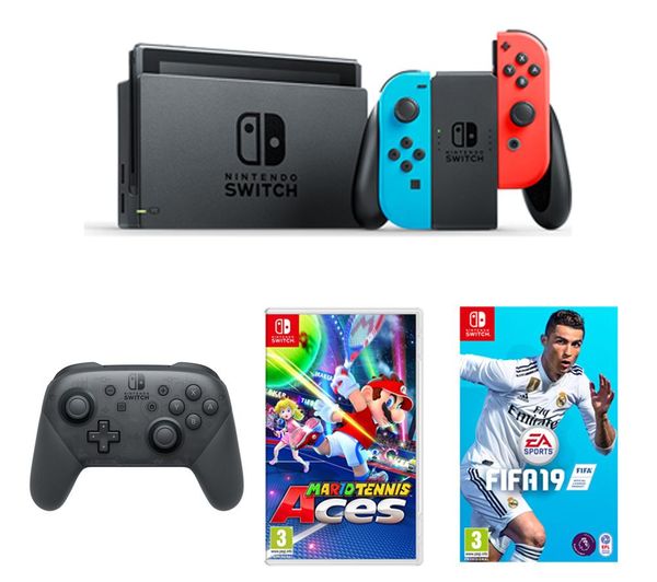 Switch Neon Red with FIFA 19, Mario Tennis Aces & Switch Pro Controller Bundle, Neon