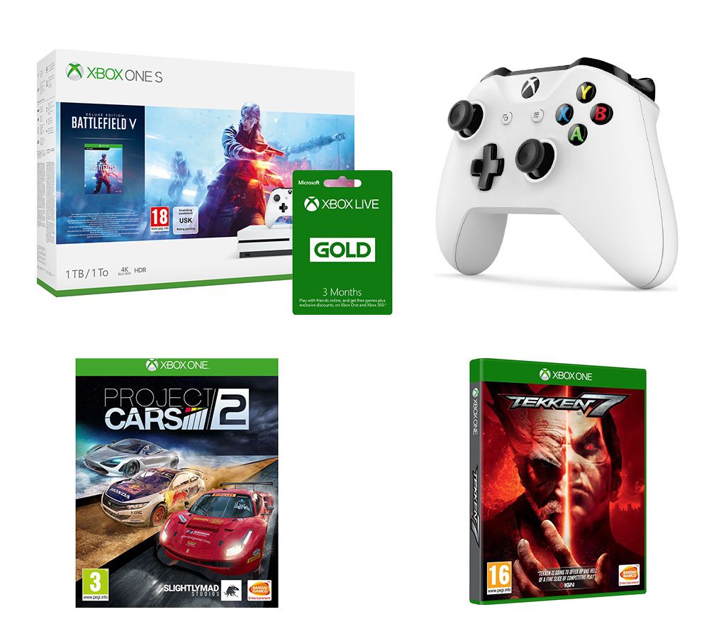 MICROSOFT Xbox One S, Battlefield V, Project Cars 2, Tekken 7, Wireless Controller & 3 Months LIVE Gold Bundle, Gold