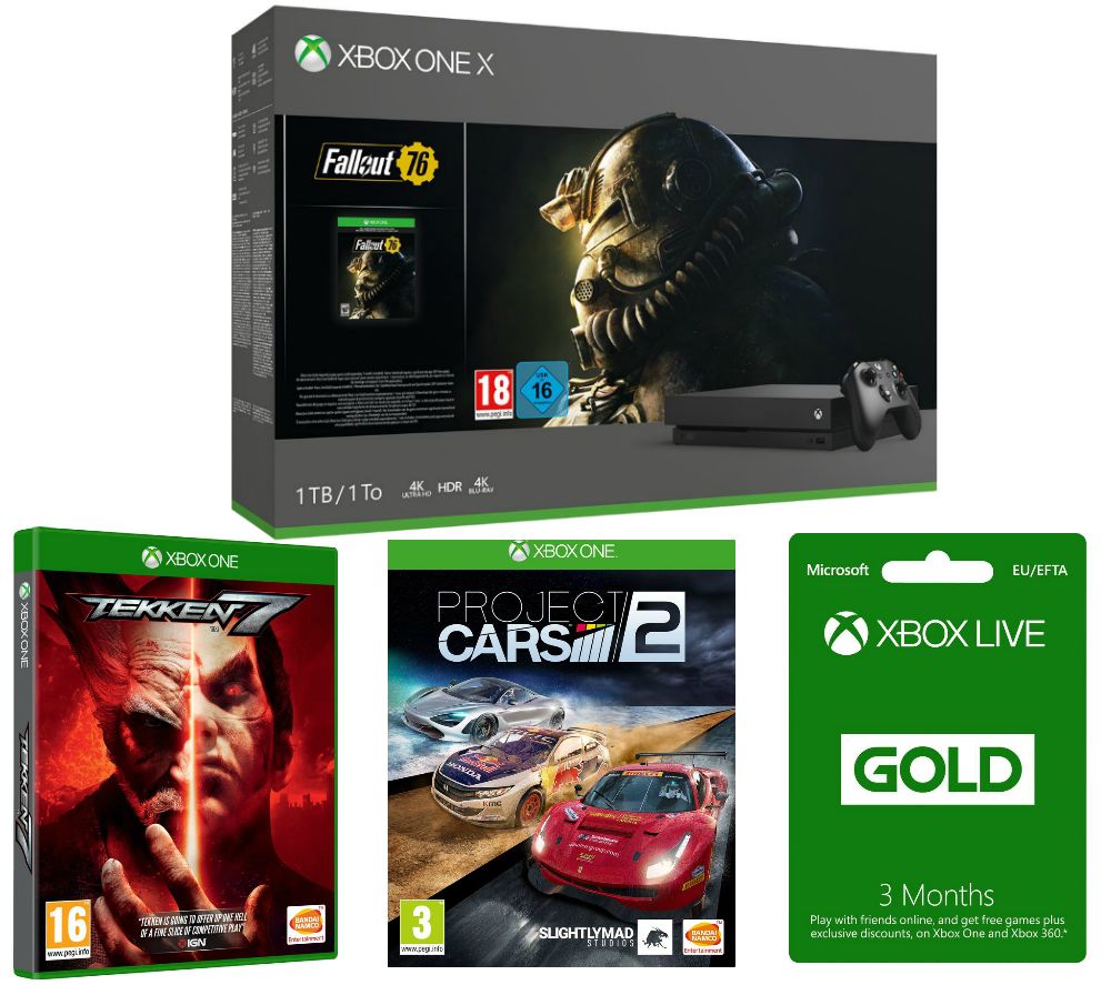 MICROSOFT Xbox One X, Fallout 76, Tekken 7, Project Cars & 3 Months LIVE Gold Membership Bundle, Gold