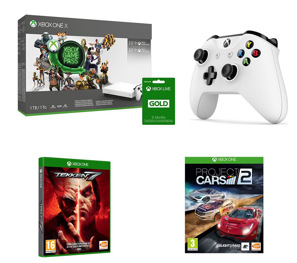 MICROSOFT Xbox One X, 3 Months Game Pass, 15 Months LIVE Gold, Project Cars 2, Tekken 7 & Wireless Controller Bundle, Gold