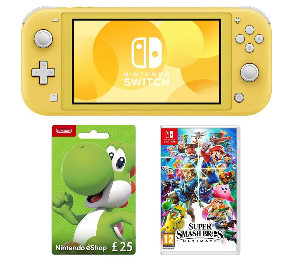 NINTENDO Switch Lite, Super Smash Bros. Ultimate & eShop £25 Gift Card Bundle - Yellow, Yellow