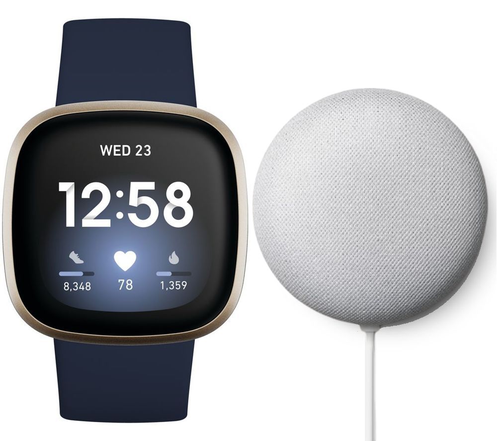 Fitbit Versa 3 & Nest Mini (2nd Gen) Bundle - Midnight & Soft Gold & Chalk