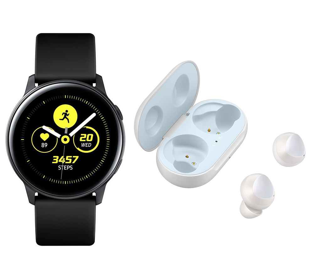 SAMSUNG Galaxy Watch Active 2 4G & White Galaxy Buds Bundle - Black, Leather & Stainless Steel, 40 mm, Stainless Steel