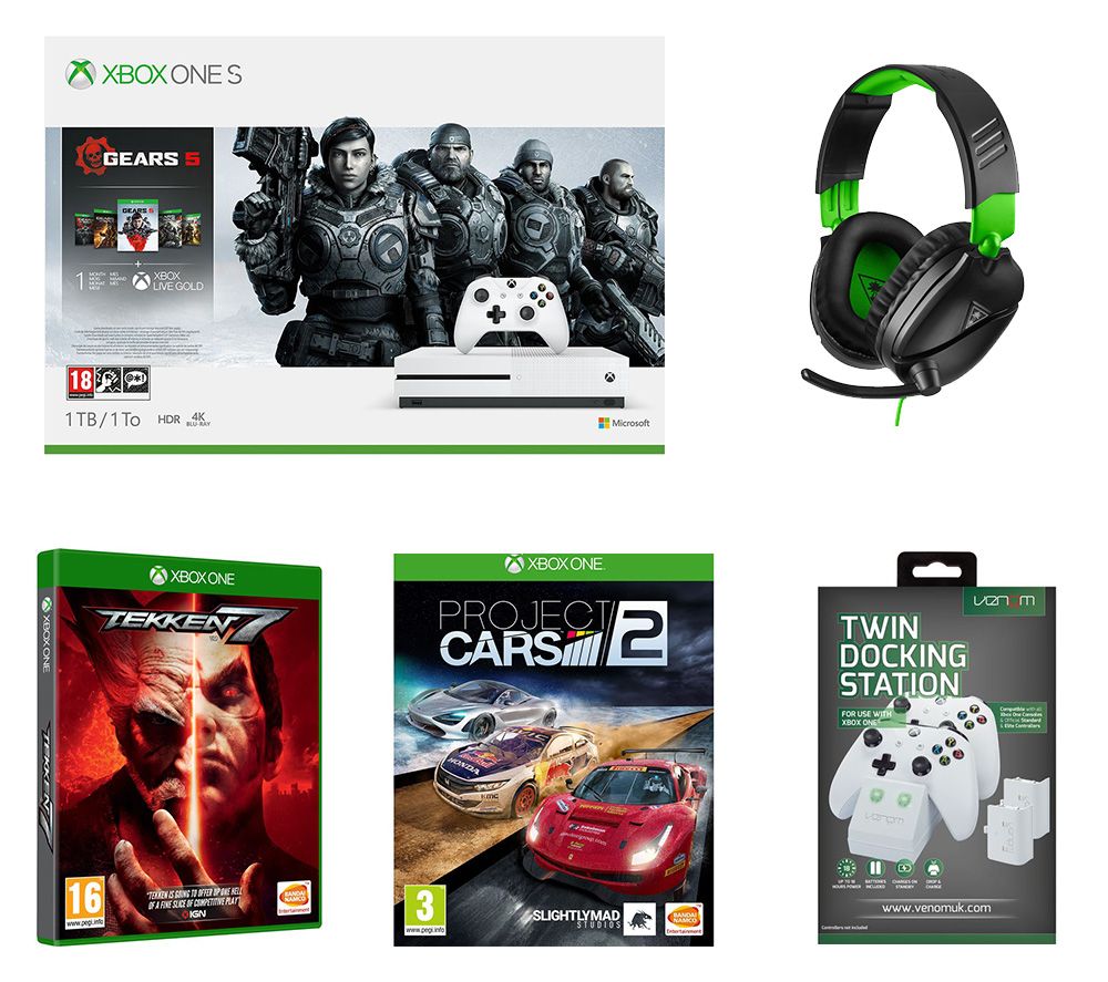 Microsoft Xbox One S Gears 5 Special Edition, Tekken 7, Project Cars 2, Recon 70X Gaming Headset & Twin Docking Station Bundle, Gold