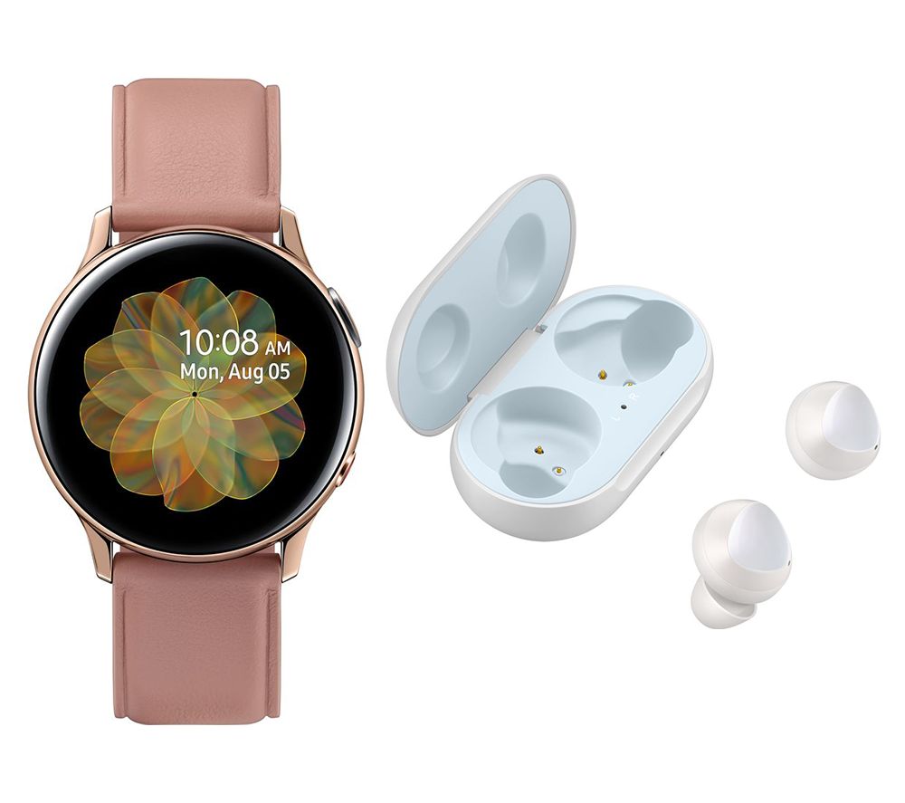 SAMSUNG Galaxy Watch Active 2 4G & White Galaxy Buds Bundle - Rose Gold, Leather & Stainless Steel, 40 mm, Stainless Steel