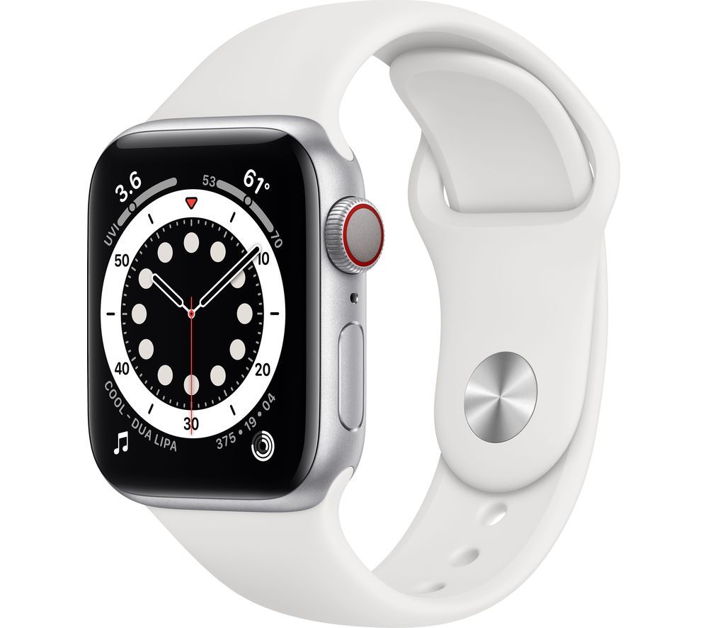 APPLE Watch Series 6 Cellular - Silver Aluminium with White Sports Band, 40 mm, Silver