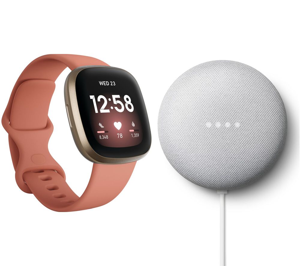 Fitbit Versa 3 & Nest Mini (2nd Gen) Bundle - Pink Clay & Soft Gold & Chalk