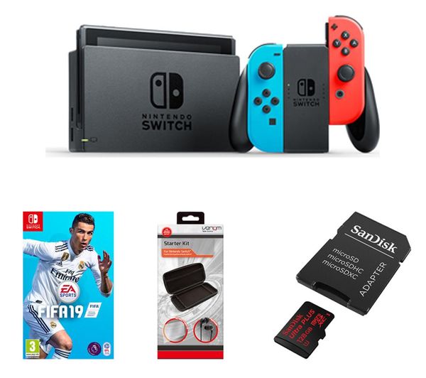 Switch Neon Red with FIFA 19, microSDXC Memory Card & VS4793 Starter Kit, Neon