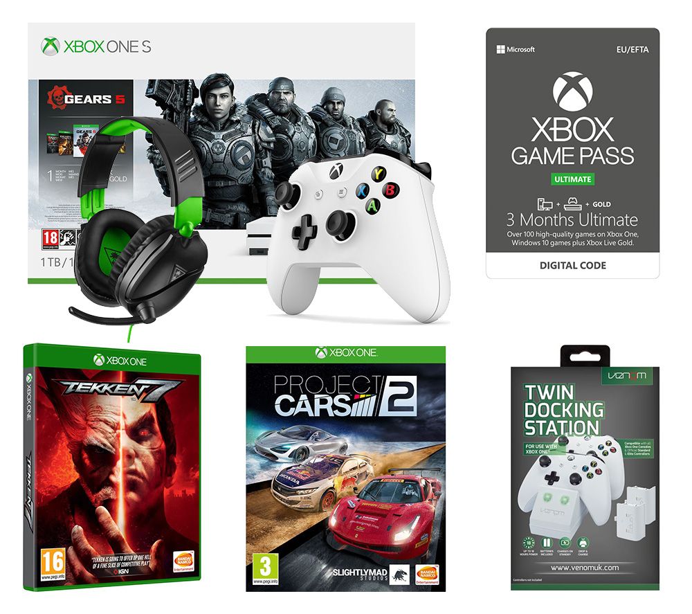 Microsoft Xbox One S Gears 5 Special Edition, Tekken 7, Project Cars 2, Wireless Controller, Gaming Headset, Docking Station & Game Pass Bundle, Gold