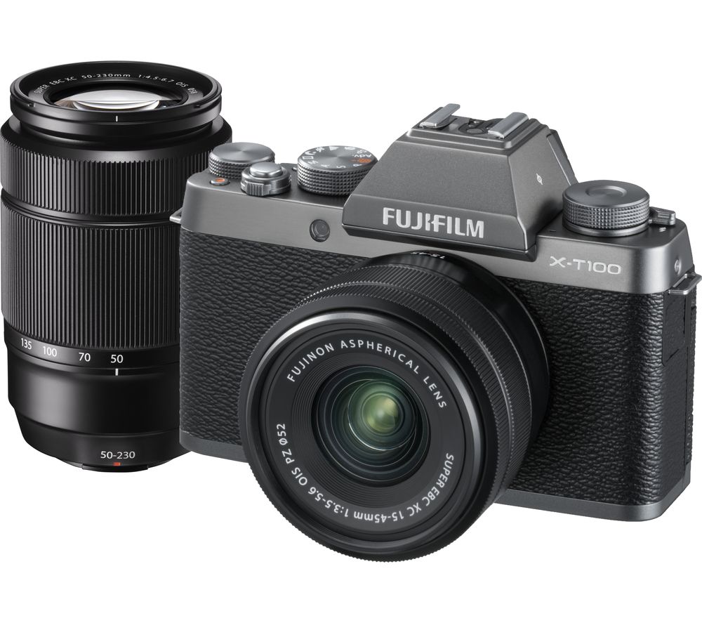 FUJIFILM X-T100 Mirrorless Camera with FUJINON XC 15-45 mm f/3.5-5.6 OIS PZ & XC 50-230 mm f/4.5-6.7 OIS II Lens - Dark Silver, Silver