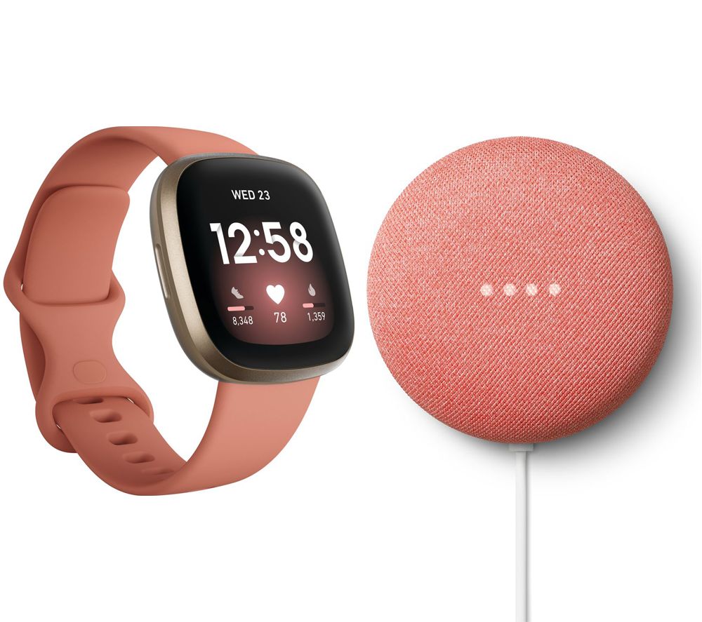 Fitbit Versa 3 & Nest Mini (2nd Gen) Bundle  Pink Clay & Soft Gold & Coral