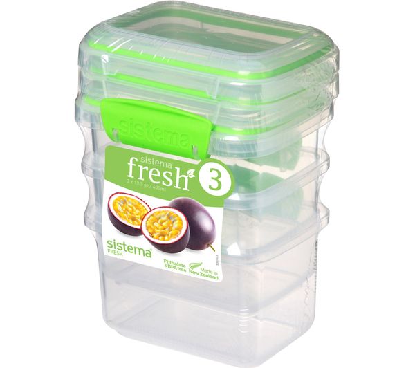 SISTEMA Fresh Rectangular 0.4 litre Containers - Green, Pack of 3, Green
