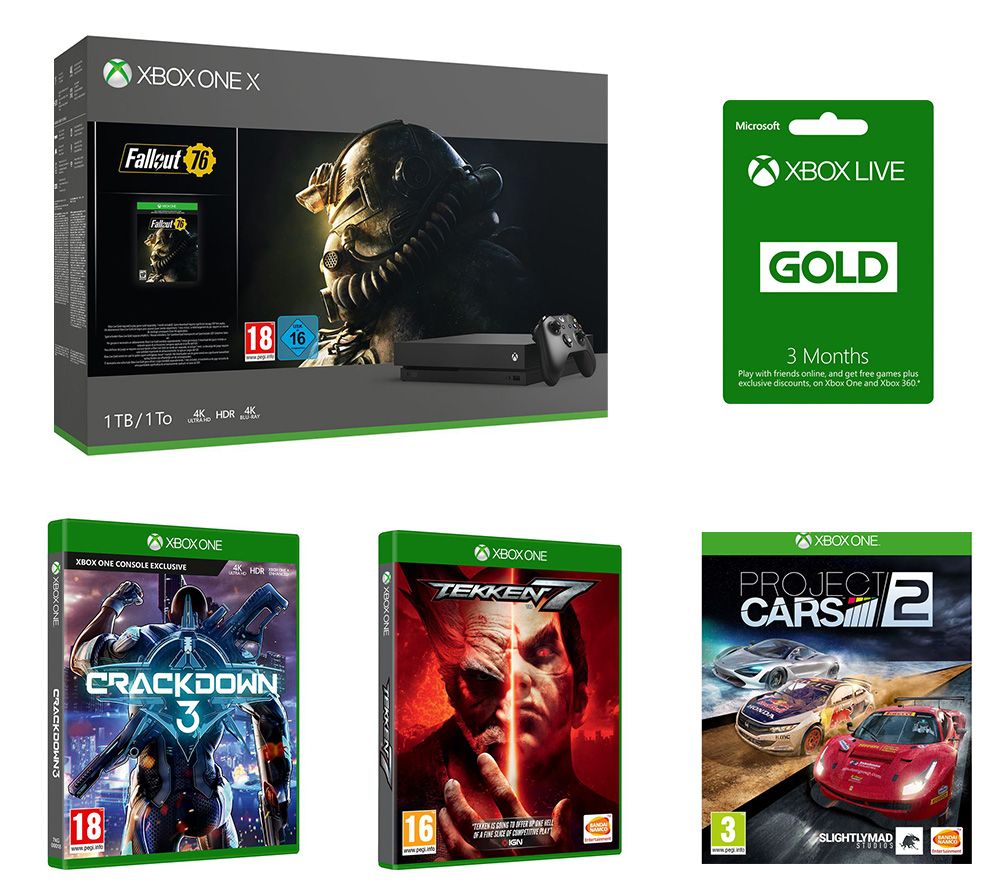 Xbox One X, Fallout 76, Crackdown 3, Tekken 7, Project Cars 2 & 3 Month LIVE Gold Membership Bundle, Gold