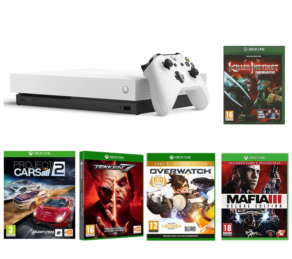 MICROSOFT White Xbox One X, Tekken 7, Project Cars 2, Killer Instinct Combo Breaker Pack, Mafia III Deluxe Edition & Overwatch Bundle, White