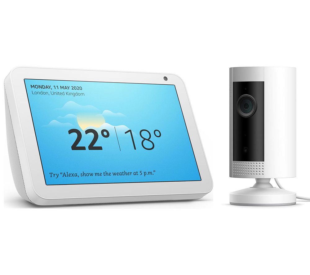RING Echo Show 8 (2019) & Indoor Cam Full HD 1080p WiFi Security Camera Bundle - Sandstone & White, White