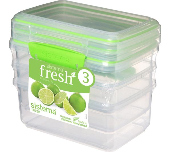 SISTEMA Fresh Rectangular 1 litre Containers - Green, Pack of 3, Green
