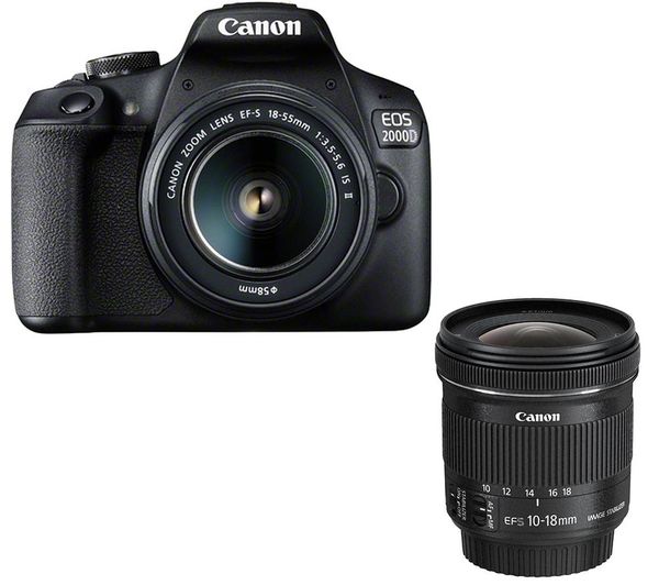 CANON EOS 2000D DSLR Camera, EF-S 18-55 mm f/3.5-5.6 IS II Lens & EF-S 10-18 mm f/4.5-5.6 IS STM Wide-angle Zoom Lens Bundle