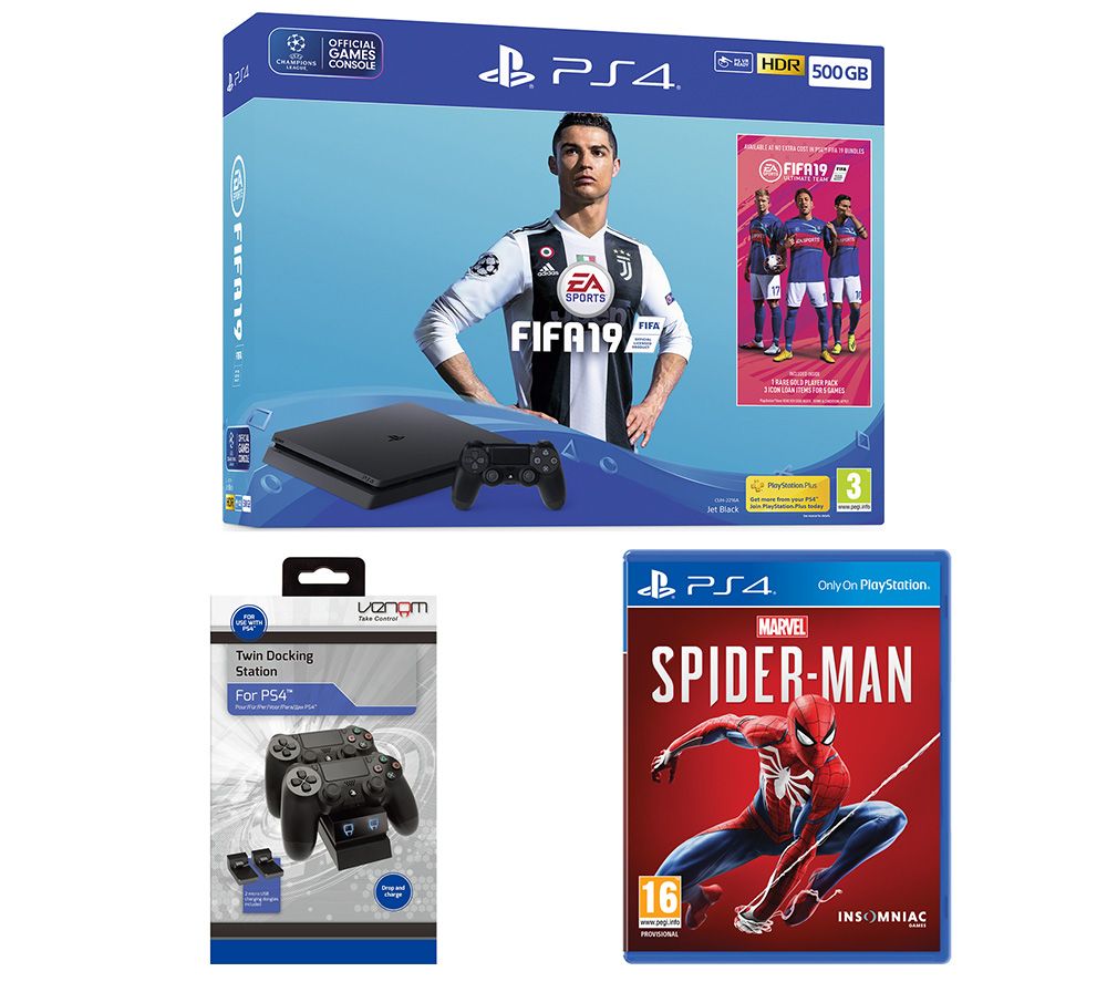 SONY PlayStation 4 500 GB, FIFA 19, Marvel's Spider-Man & Twin Docking Station Bundle, Red