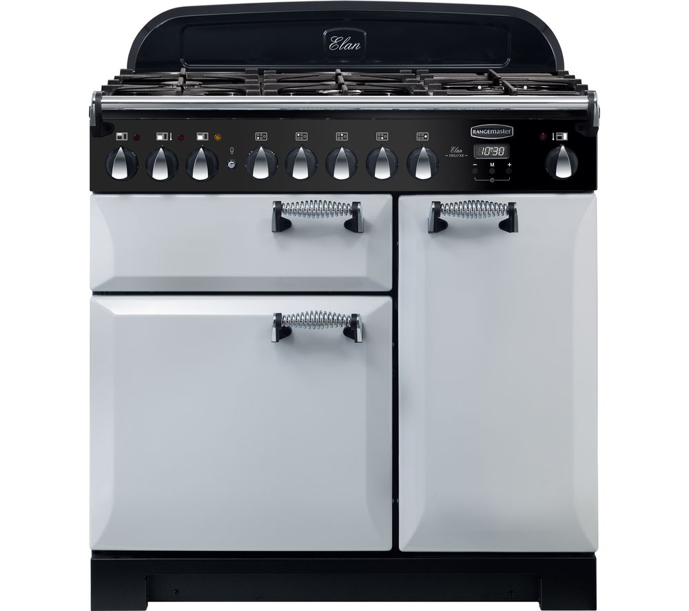 Rangemaster Elan Deluxe ELA90DFFRP 90 cm Dual Fuel Range Cooker - Pearl & Chrome, Red