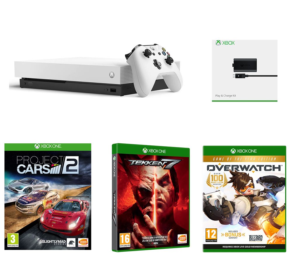 MICROSOFT Xbox One X, Tekken 7, Overwatch, Project Cars 2 & Xbox One Play and Charge Kit Bundle - White, White