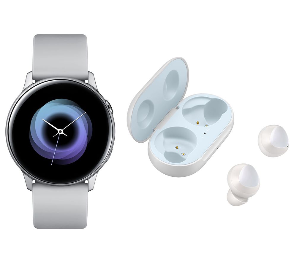 SAMSUNG Galaxy Watch Active & White Galaxy Buds Bundle - Silver, White