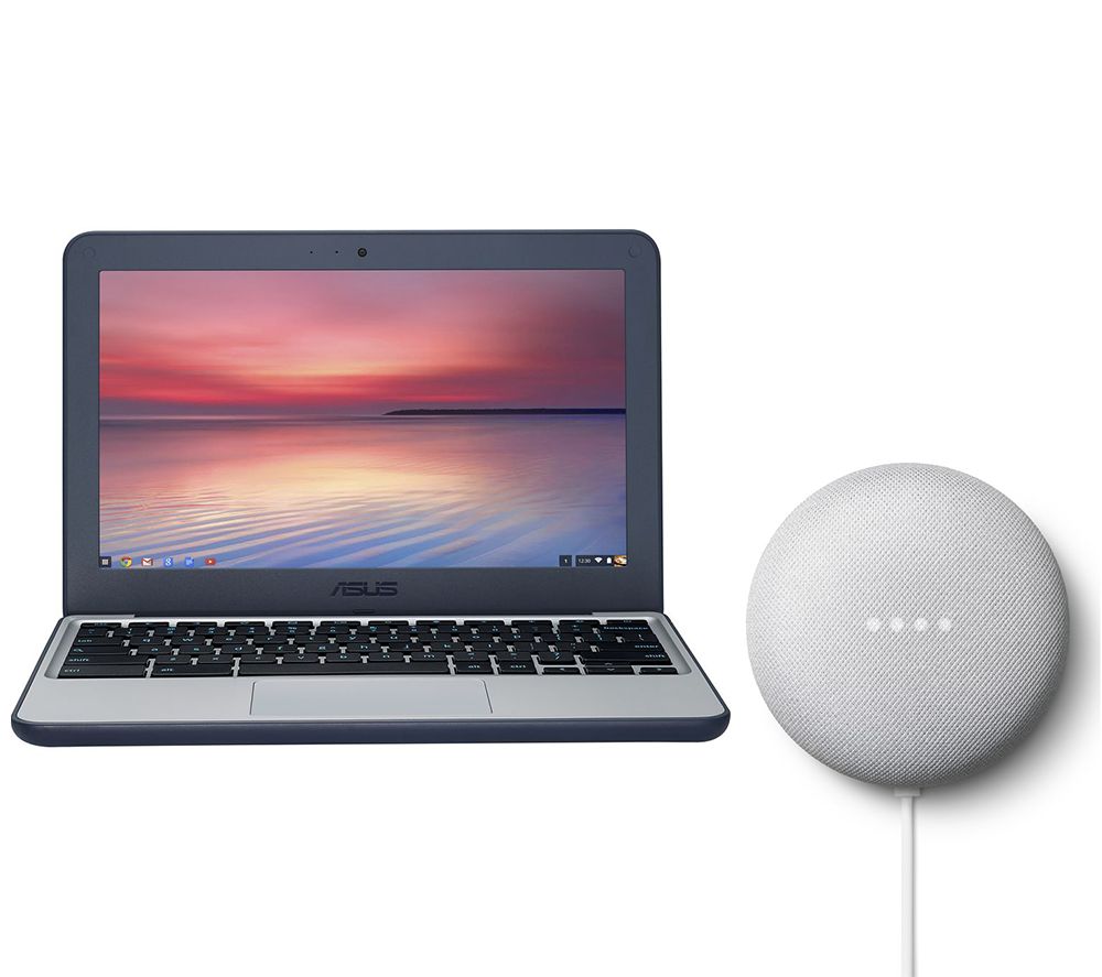 ASUS C202 11.6" Chromebook & Chalk Google Nest Mini (2nd Gen) Bundle, White