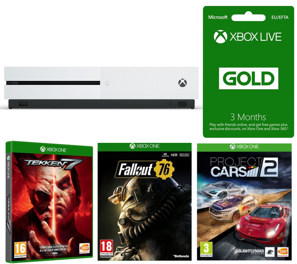 MICROSOFT Xbox One S, Fallout 76, Tekken 7, Project Cars 2 & 3 Months LIVE Gold Bundle, Gold