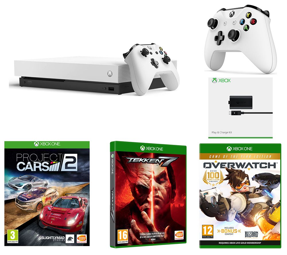 MICROSOFT Xbox One X, Tekken 7, Overwatch, Project Cars 2, Xbox One Play and Charge Kit & Wireless Controller Bundle - White, White