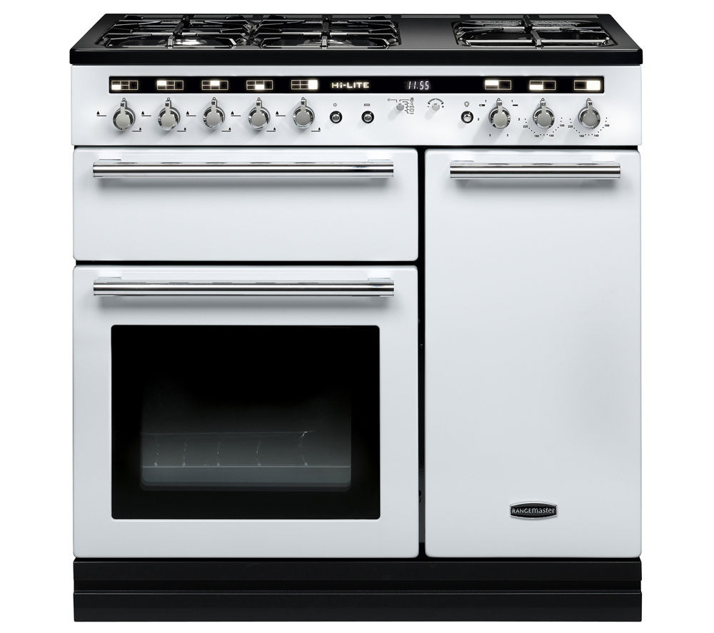 RANGEMASTER Hi-Lite 90 Dual Fuel Range Cooker - White & Chrome, White