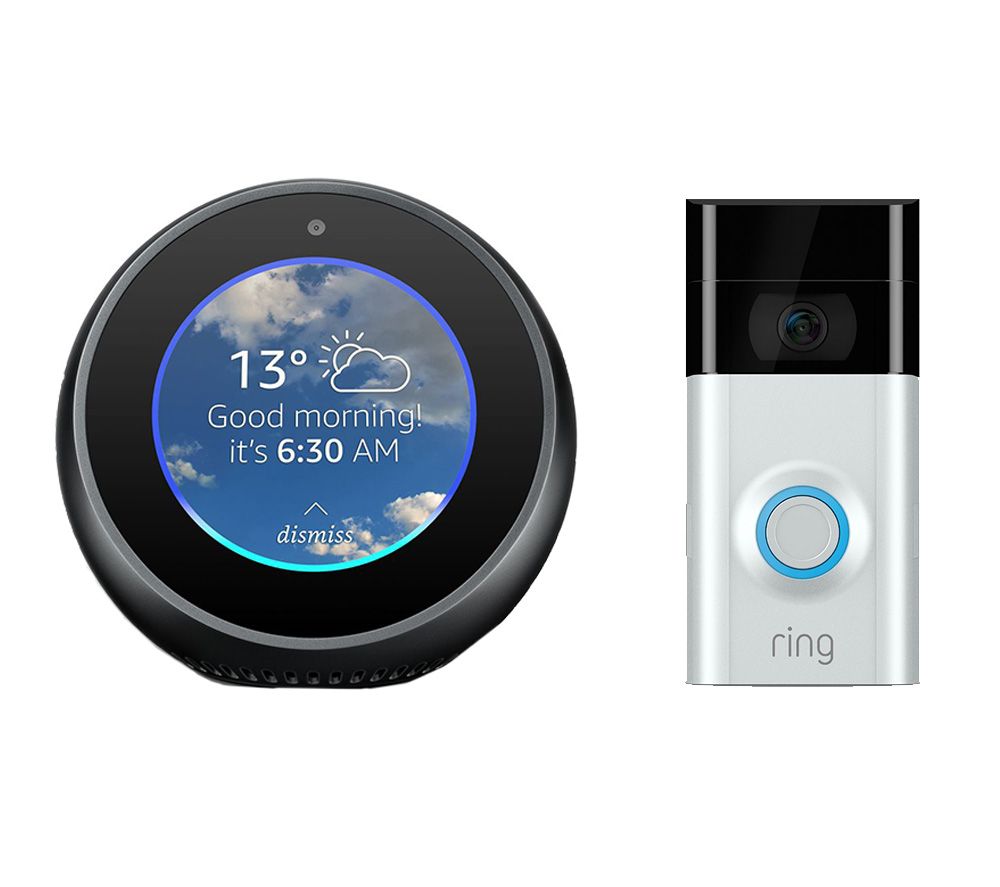 RING Video Doorbell 2 & Echo Spot Bundle - Black, Black