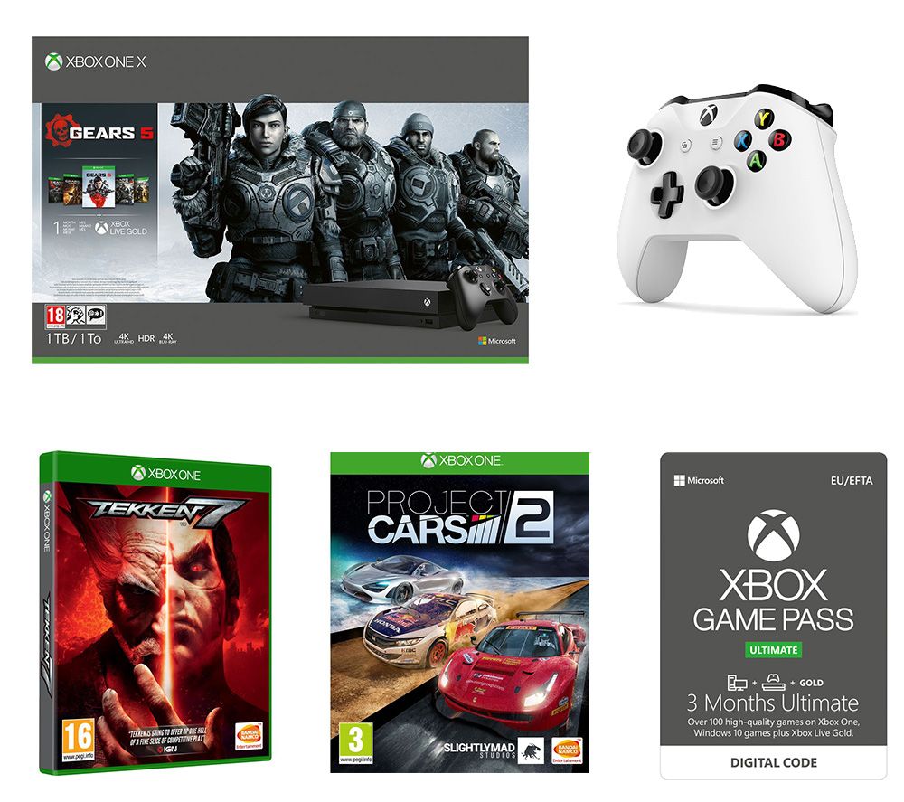 Microsoft Xbox One X with Gears 5, Tekken 7, Project Cars 2, Wireless Controller & Game Pass Ultimate Bundle, Gold