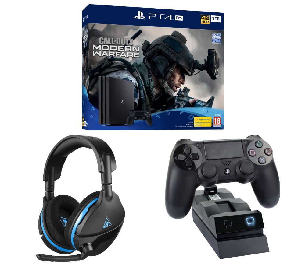 SONY PlayStation 4 Pro with Call of Duty: Modern Warfare, Stealth 600 Wireless Gaming Headset & Twin Docking Station Bundle, Red