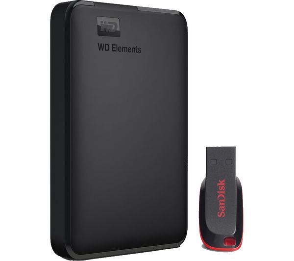 WD Elements Portable Hard Drive - 1 TB & SanDisk Cruzer Blade 16 GB USB, Black, Black